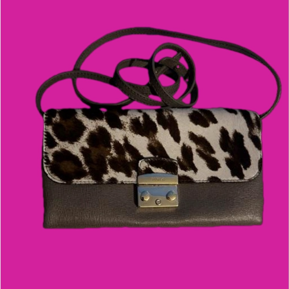 Rare Furla Crossbody Genuine Leather With Cheetah Pattern Dyed Animal Hair EUC